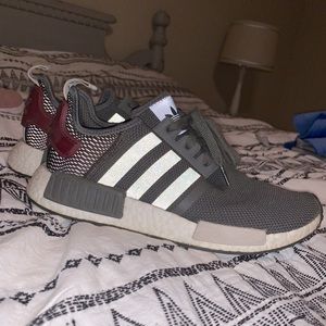 Green and maroon adidas nmd’s